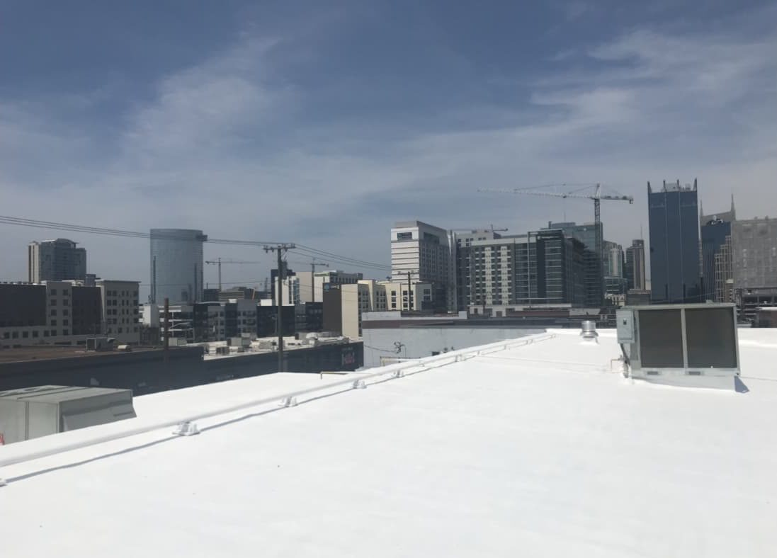 A white commercial roof with a city skyline in the background.
