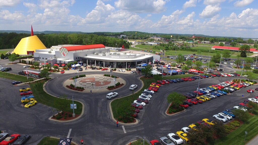 Aerial view of the National Corvette Museum campus and grounds in Bowling Green, Kentucky, next to Interstate 65
