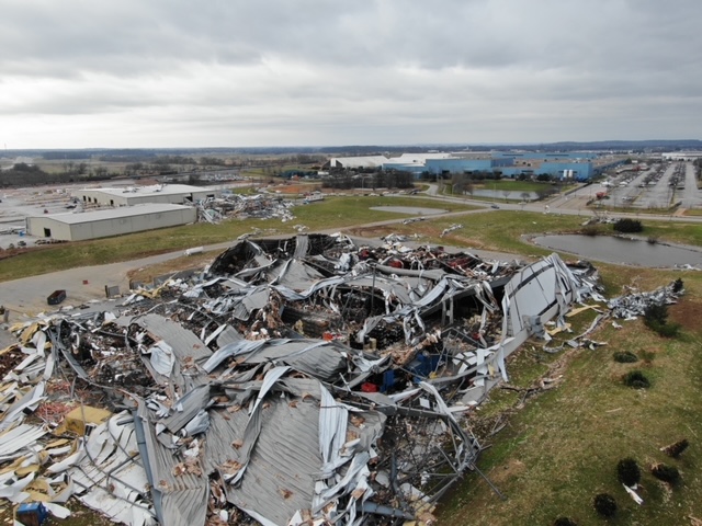 Storm damage to a metal building system northeast of Bowling Green, Kentucky
